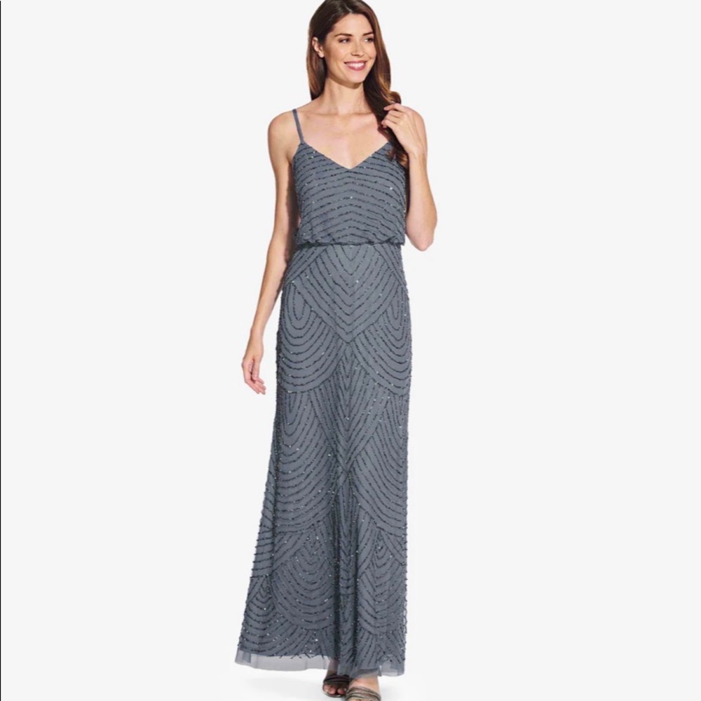 ART DECO BEADED BLOUSON GOWN IN DUSTY BLUE GREY Size 6 NWT